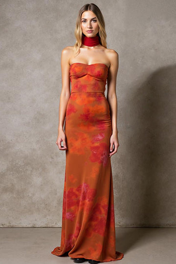 Sheath Cabernet Strapless Printed Maxi Evening Dress With Sash